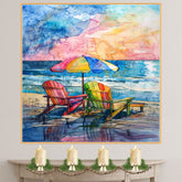 Watercolor Art of Multicolored Beach Chairs & Umbrella by the Ocean on Ready to Hang 1.5" Thick Canvas Wrap, Floating Framed Canvas, Flat Rolled Canvas